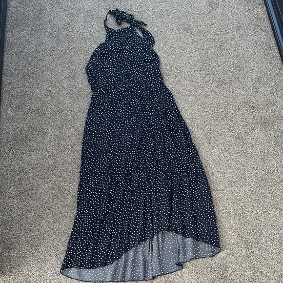 Chic Navy and White Polka Dot Halter Dress - Picture 1 of 3